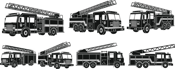 Fire truck silhouette, ladder truck vector, emergency vehicle illustration, firefighting clipart, rescue truck art, fire engine design, emergency response graphic