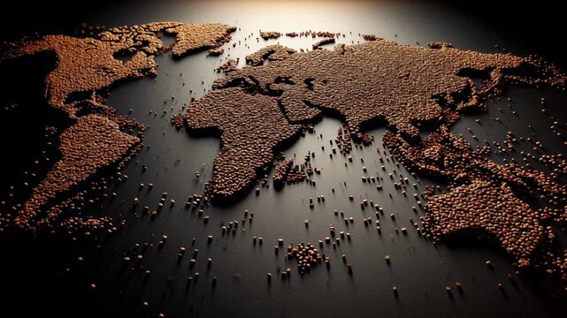 World map made of mooving coffee beans on black matte surface with dramatic lighting. 4k