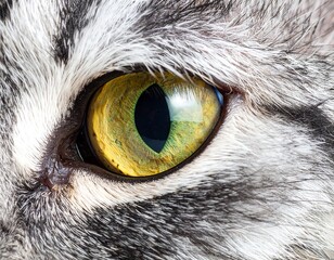 Close-up of a cat's eye.  Detailed view of a cat's amber-green eye, set against a backdrop of  grey and white fur.  Sharp focus on the eye's intricate detail