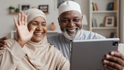 Senior muslim couple making video call with tablet at home - Powered by Adobe