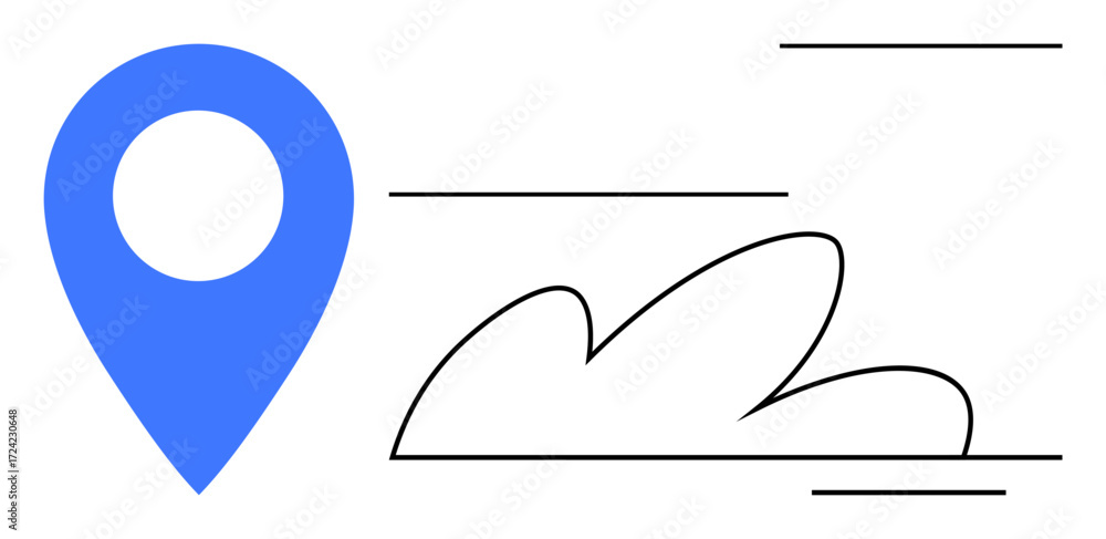 Aufkleber blue location marker beside a simple cloud sketch and dynamic linear elements. ideal for navigation,