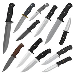 Assorted hunting knives, various shapes and handles