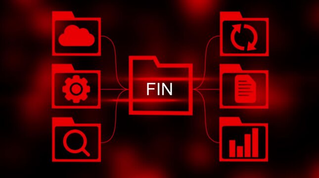 Red digital data flow network connecting cloud storage settings search document and analytics charts with blurred central folder icon and glowing red background