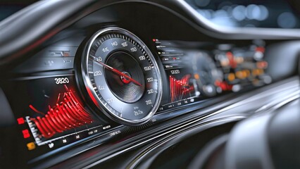 Futuristic car dashboard with digital speedometer and vivid red data graphs on black display, delivering real time vehicle info, performance metrics and hi tech driving interface