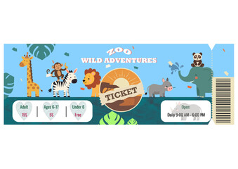 Zoo Ticket Design. Zebra, Giraffe, Panda, Monkey, Capybara, Elephant. Ticket Template. Cute Animals