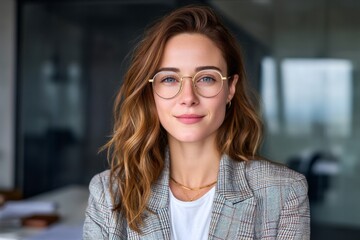 Confident young caucasian female professional in stylish glasses and plaid blazer