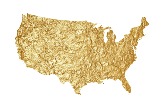 A gold colored map of the United States