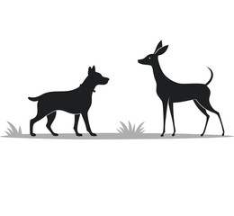 Fototapeta premium Dog and Deer Silhouette Vector Set – Big Dog, Small Dog, Sitting Dog, Playful Dog, Doe and Deer Wildlife Silhouettes