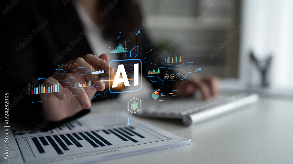 Poster artificial intelligence (ai) for business data analysis and analytics. a concept of using ai for dat
