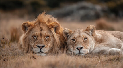 Lions resting side by side on a grassy landscape under soft sunlight with a blurred natural background ideal for wildlife photography enthusiasts.
