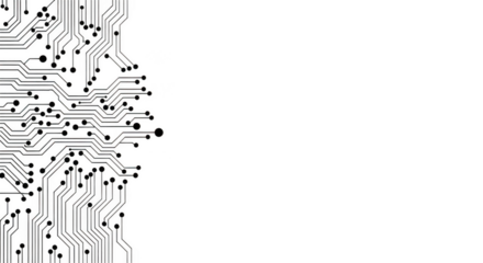 Abstract electronic circuit board pattern with many connections and components, isolated on transparent background
