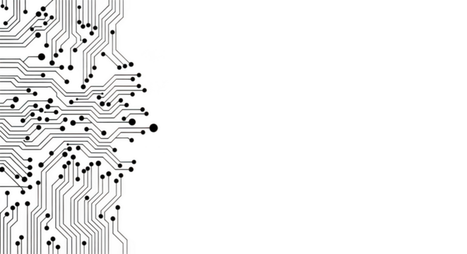 Abstract electronic circuit board pattern with many connections and components, isolated on transparent background