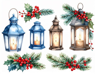 Lanterns glow warmly amidst Holly and Evergreen Branches, a Winter display