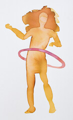 Colorful silhouette of a person hula hooping with flowing hair in a vibrant watercolor design