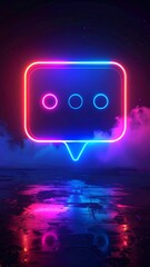 Neon speech bubble graphic, vibrant colors, reflected on water