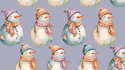 This image features a repeating pattern of whimsical snow figures against a solid backdrop. Each character is constructed from stacked snowballs, adorned with a carrot nose and charming rosy cheeks