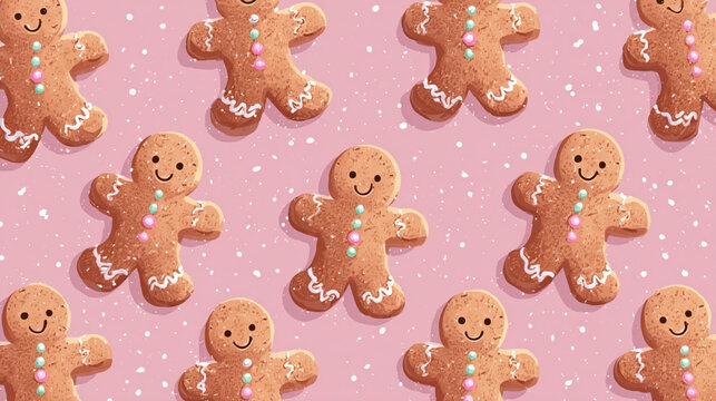 The image displays a repetitive pattern of stylized figures on a light pink background with white specks