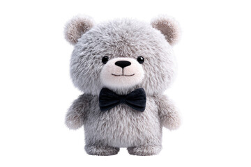 Adorable fluffy grey teddy bear wearing a black bow tie, isolated on a transparent background. background removed
