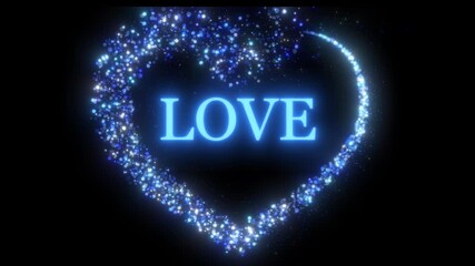 Sparkling Blue Heart Love Text Reveal Animation. Glowing Particles Form Romantic Shape On Black Background, Perfect For Valentine's Day & Anniversaries.glowing Blue Particle Heart With 'love' Text On 