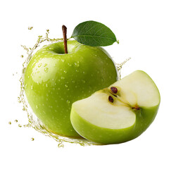 Fresh green apple with water drops on white background