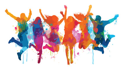 Dynamic Silhouette of Friends Jumping in Vibrant Colors