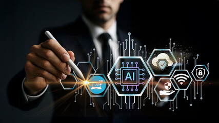 Executivo com terno preto, iluminação de estúdio com caneta de ipad na mão interagindo com gráfico holográficos, dash board, inteligência artificial, kpi e bitcoin