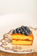 Slice of Yellow Cake with Blueberries on Decorative Plate