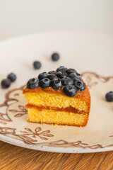 Sponge Cake Slice with Blueberries and Scattered Fruits