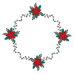 Poinsettia wreath, Christmas star plant with red berry and green branches, winter botanical floral illustration for greeting card, poster, invitations