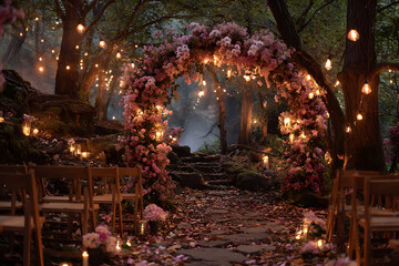 Night wedding ceremony with arch, orchid flowers, chairs and bulb lights in forest outdoors, copy space. Wedding decorations