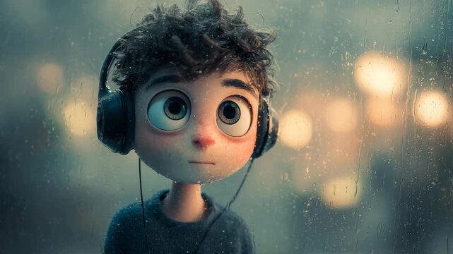 3D animated boy with large eyes and headphones staring through a rain-covered window with a melancholic expression.
