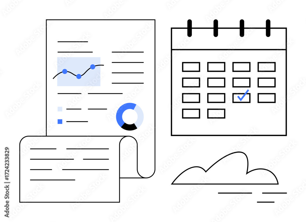 Poster report with graphs and pie chart, calendar with marked date, cloud symbol. ideal for planning, sched