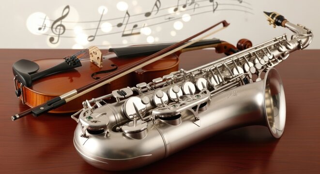 Elegant silver saxophone and classic wooden violin with bow displayed on a dark polished table. Floating musical notes and soft light create a beautiful musical melody.