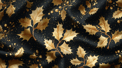 The image displays a patterned fabric in a dark hue. Scattered across the fabric are gleaming, stylized depictions of spiky leaves