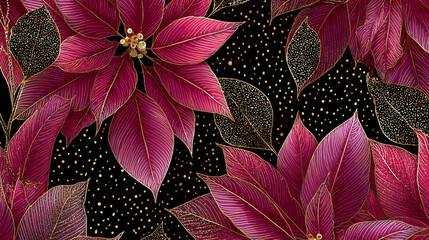 The image presents an intricate pattern dominated by stylized floral elements. Crimson leaves, highlighted with delicate gold outlines, are densely arranged against a dark background