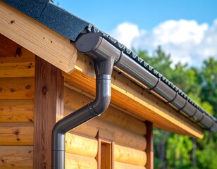 Close-up of a log cabin's rain gutter