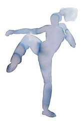 Dynamic watercolor illustration of a martial artist performing a kick during training session