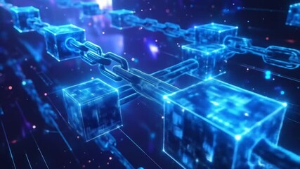 Digital Blockchain Visualization: Data Cubes Linked with Glowing Chains on a Blue Background - Powered by Adobe