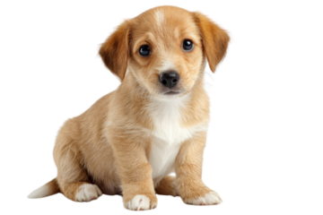 Adorable light brown puppy sitting, looking directly at the camera with big, expressive eyes. background removed