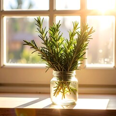 Fresh rosemary sprigs in a glass jar on a windowsill, bathed in sunlight