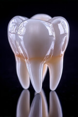 Perfekcyjne ujęcie 3D ludzkiego zęba, przypominające model. Ząb ma widoczne trzy korzenie. Model stoi na błyszczącej, czarnej powierzchni, która go odbija.