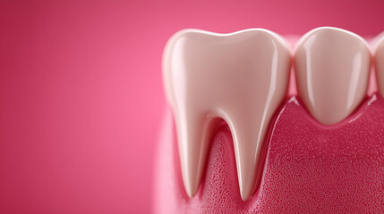 Realistyczne, komputerowe przedstawienie zęba z dziąsłem. Na różowym tle widać idealnie biały ząb osadzony w dziąśle. Wnętrze zęba widoczne w przekroju.