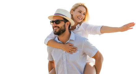 Happy couple enjoying a piggyback ride on the beach during a sunny summer vacation, isolated on transparent background