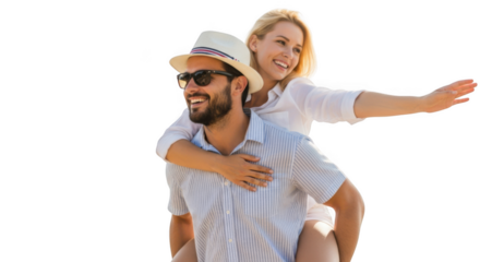 Happy couple enjoying a piggyback ride on the beach during a sunny summer vacation, isolated on transparent background