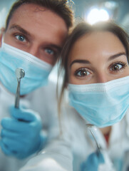 Widok z perspektywy pacjenta, na którym widać dwoje lekarzy stomatologów w niebieskich maskach i rękawiczkach, trzymających w dłoniach narzędzia stomatologiczne.