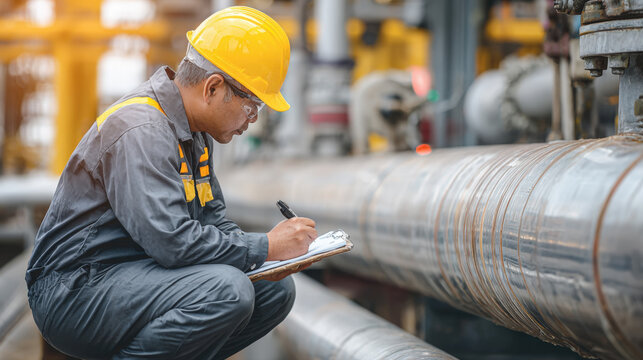 A focused technician or maintenance worker performs a quality check and detailed inspection of equipment at an industrial plant, representing professionalism, safety, and expertise in manufacturing