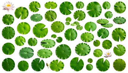 Collection of vibrant green lotus leaves, various shapes and sizes, against a pure white background, with a few lotus flowers