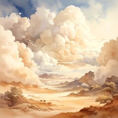 Vast, sunlit desert landscape beneath a dramatic sky filled with fluffy clouds
