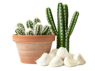 Beautiful potted cactus with garlic bulbs for natural home decor