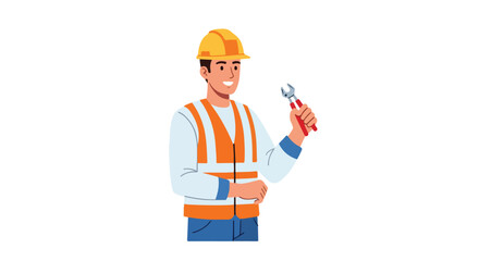 Smiling Male Worker in Safety Vest and Hard Hat Holding Wrench.